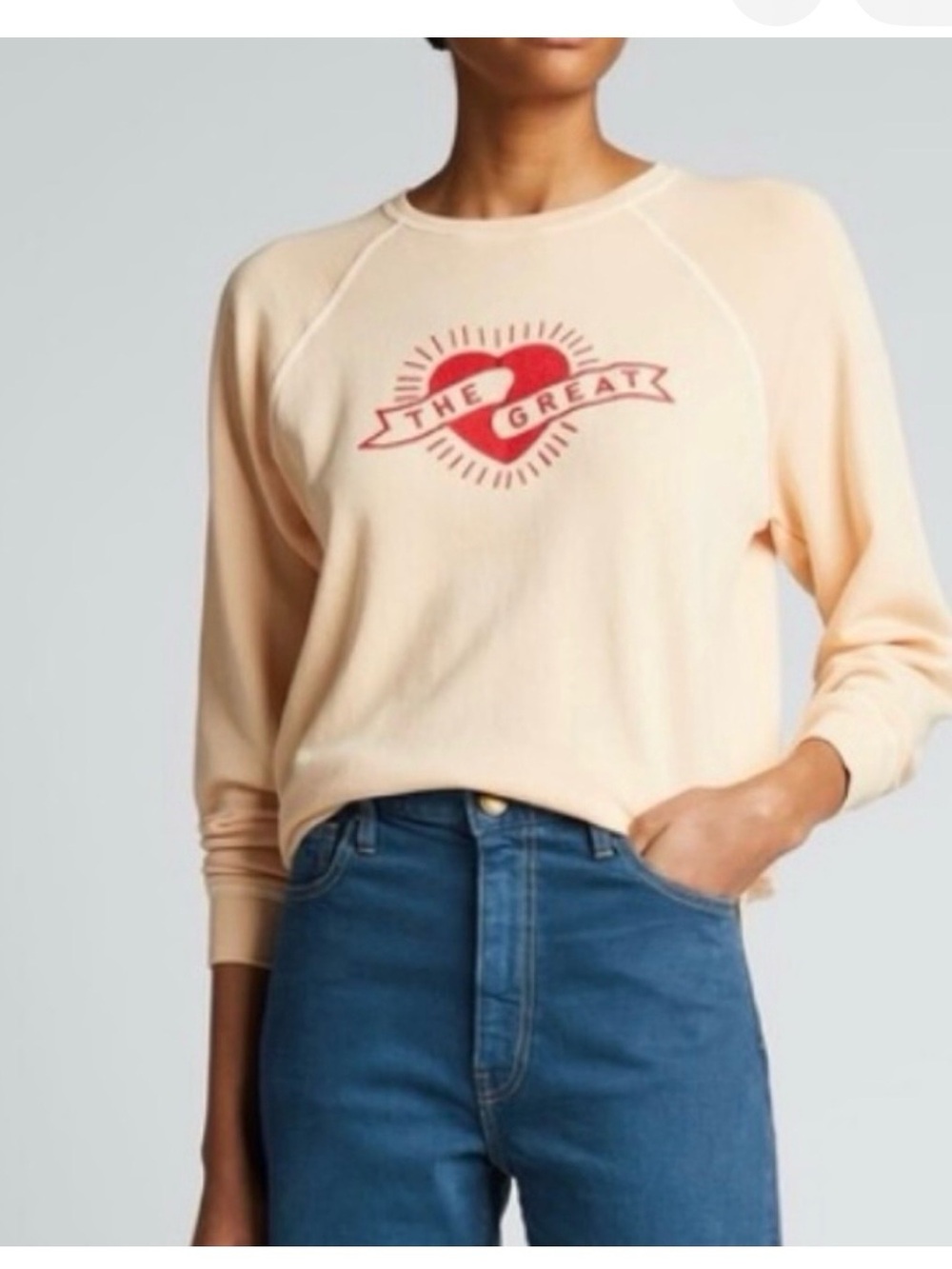 THE GREAT. Cream Graphic Crewneck Sweatshirt The Great Heart Size 1